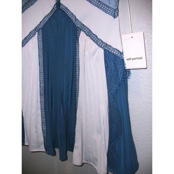 Self Portrait Lace Panel Pleated Blue Mini Dress 4 - Picture 4 of 8
